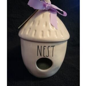 Rae Dunn Ceramic House Decor- Acorn Birdhouse "Nest" Purple Accent Bow NWT